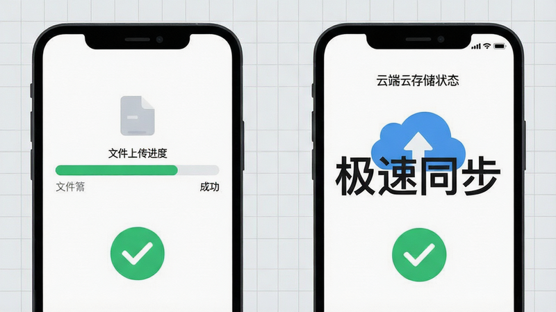 主体展示两个手机屏幕,左侧显示文件上传进度条,右侧显示云端存储状态,背景为浅灰色网格线,布局左右对比,排版清晰直观,风格为扁平化设计,细节处有绿色对勾标识表示成功,画质清晰,干净无多余元素,文字“极速同步”醒目