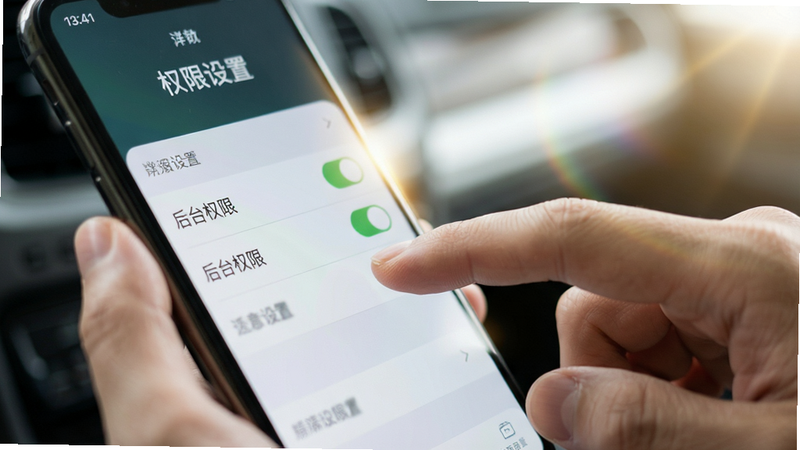 主体为一只手正在点击手机屏幕上的设置选项,屏幕显示“后台权限”开启状态,背景虚化,布局聚焦于手指与屏幕交互,排版紧凑,风格为写实摄影风,细节处有光晕效果,画质真实,干净无多余元素,文字“权限设置”清晰