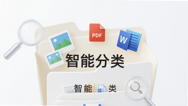主体为一个虚拟的文件文件夹展开画面,内部包含图片、PDF、Word等图标,背景为柔和的白色,布局呈扇形展开,排版井然有序,风格为清新简约,细节处有放大镜图标暗示搜索功能,画质细腻,干净无多余元素,文字“智能分类”居中