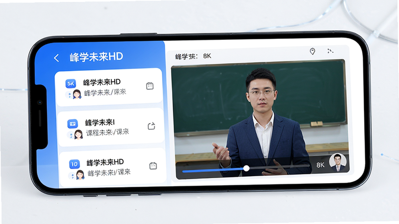 主体为手机屏幕展示峰学未来HD APP界面,布局为左侧课程列表右侧视频播放区,排版简洁清晰,风格为现代科技蓝白色调,细节包含高清视频画质、流畅的进度条、清晰的讲师头像,画质8k,干净,无多余元素,文字