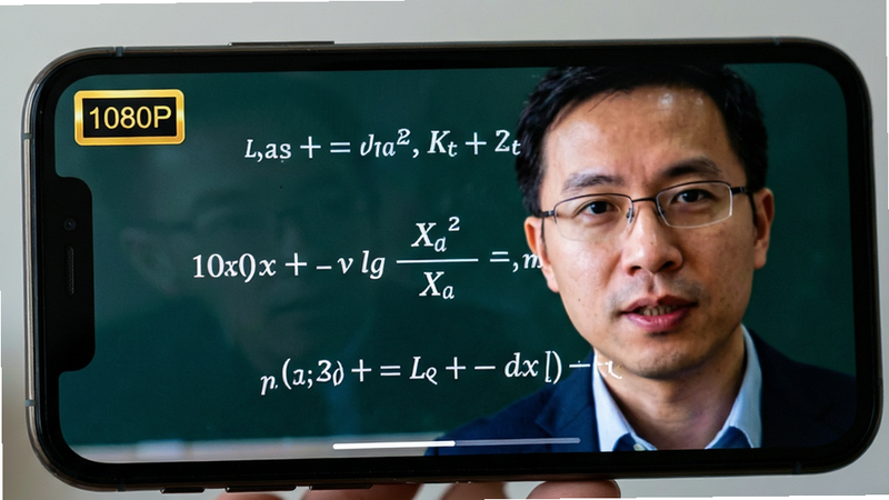主体为手机特写镜头聚焦屏幕,布局为全屏视频播放模式,排版突出画面中心的高清数学公式和讲师面部特写,风格为写实摄影风,细节展示屏幕无像素颗粒感、色彩还原度高,画质高清,干净,无多余元素,文字