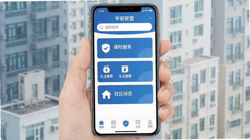 一张高清扁平化风格的手机应用界面展示图,主体为“平安联盟”APP首页界面,布局清晰,顶部有搜索栏,中部展示“保险服务”、“生活缴费”、“社区动态”三个核心功能入口,底部为导航栏,色彩以平安蓝和白色为主,风格现代简约,细节精致,画质高清,无多余元素