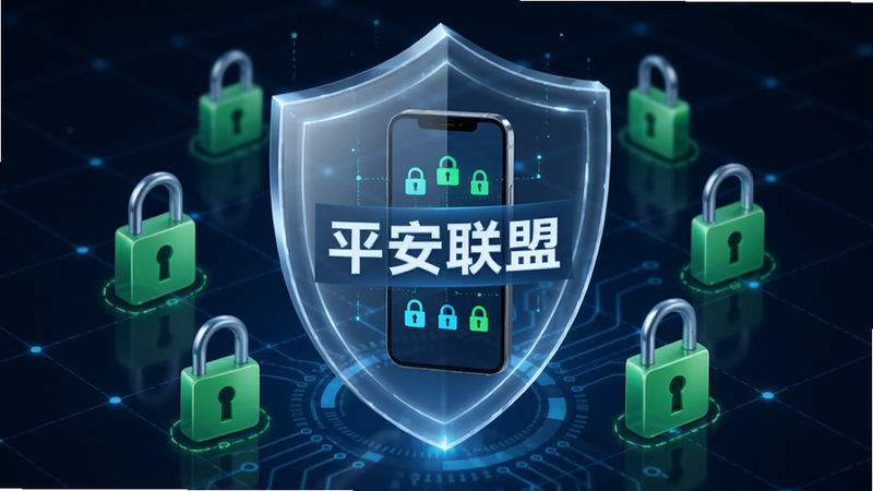 概念图,展示一个透明的盾牌保护着手机中的数据图标,周围环绕着绿色的安全锁和加密符号,背景为深蓝色科技感网格,主体突出“平安联盟”的安全防护特性,风格专业可靠,画质细腻,无杂乱背景