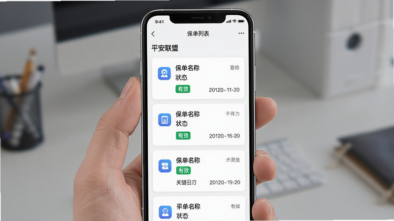 手机界面展示“平安联盟”APP的保单列表页面,卡片式布局,每张卡片显示保单名称、状态标签(如“有效”)及关键日期,背景为白色,图标简洁,风格专业清晰,画质高清,无多余装饰