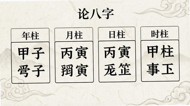 展示“论八字”APP排盘结果的界面图,背景为淡雅的宣纸纹理,屏幕中央显示“年柱”、“月柱”、“日柱”、“时柱”四个方框,每个方框内清晰标注天干地支汉字,如“甲子”、“丙寅”等,字体为黑色宋体,布局整齐,高清,干净