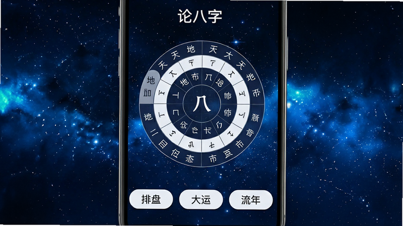 一张高清手机应用界面展示图,主体为名为“论八字”的APP首页,背景为深蓝色星空纹理,中央显示一个圆形的八字命盘布局,包含天干地支文字,界面下方有“排盘”、“大运”、“流年”三个白色按钮,整体风格科技与传统结合,高清,无多余元素