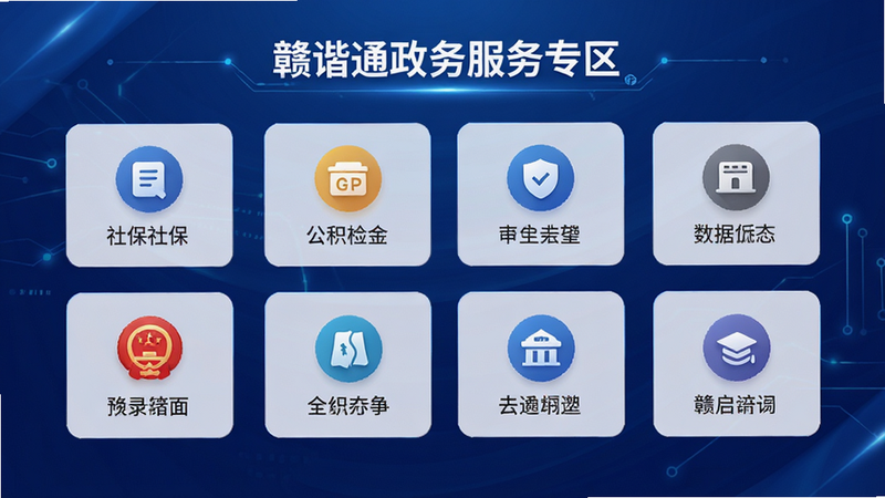 赣谐通政务服务专区界面,展示社保、公积金等办事入口图标,排列整齐,背景为深蓝色渐变,体现权威与科技感,图标设计简约明了,文字清晰可见,画质高保真