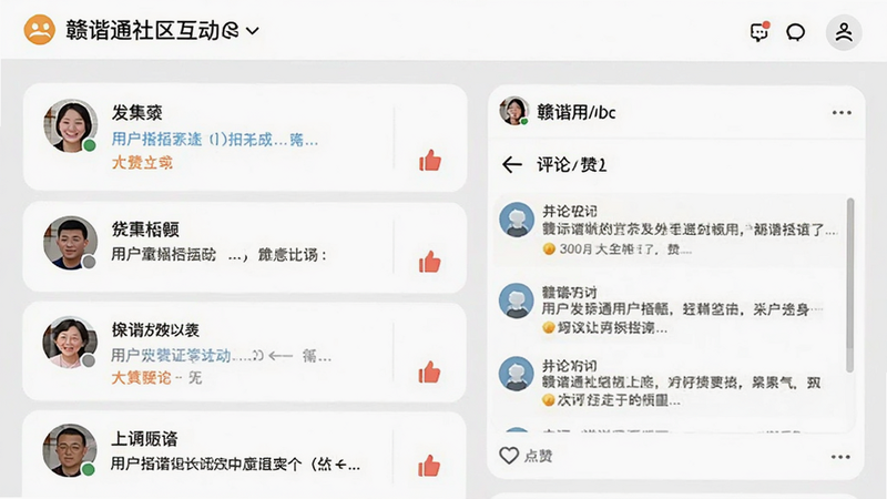 赣谐通社区互动界面,展示用户发帖列表与评论区,包含头像、文字内容和点赞图标,布局整齐,背景为浅灰色,突出内容阅读体验,风格温馨友好,细节清晰,画质纯净