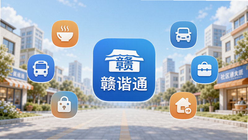 赣谐通APP主界面全景展示,背景为明亮的城市社区场景,中央悬浮着赣谐通的高清应用图标,周围环绕着餐饮、交通、社区服务等生活化元素图标,整体风格现代简洁,色彩以品牌蓝和暖橙色为主,画质清晰,无多余装饰元素