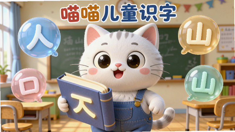 主体为一只拟人化的白色卡通猫咪,身穿蓝色背带裤,手持一本巨大的发光汉字书,背景是明亮的儿童教室,周围漂浮着'人' '口' '山'等大号汉字气泡,布局居中,排版清晰,风格为3D皮克斯渲染,细节精致,画质高清,干净,无多余元素,文字'喵喵儿童识字'位于顶部