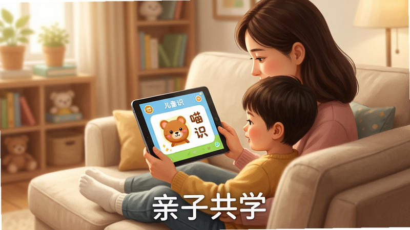 主体是一位母亲和孩子坐在沙发上,共同看着平板电脑,屏幕上显示着喵喵儿童识字的界面,周围有温馨的家庭氛围,布局温暖,风格写实插画,细节柔和,画质高清,干净,无多余元素,文字'亲子共学'位于底部