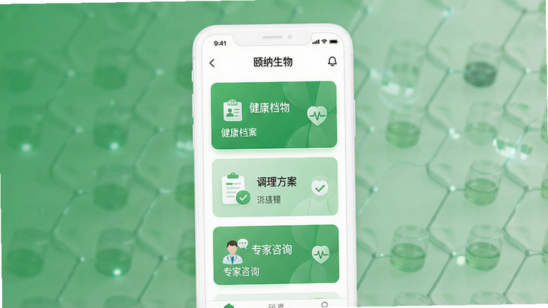 一张现代简约风格的手机应用界面展示图,主体为白色背景上的智能手机,屏幕显示“颐纳生物”APP首页,包含“健康档案”、“调理方案”、“专家咨询”等核心模块,界面色调以清新绿色和白色为主,体现健康与科技感,布局整齐,文字清晰,高清,无水印,无多余元素