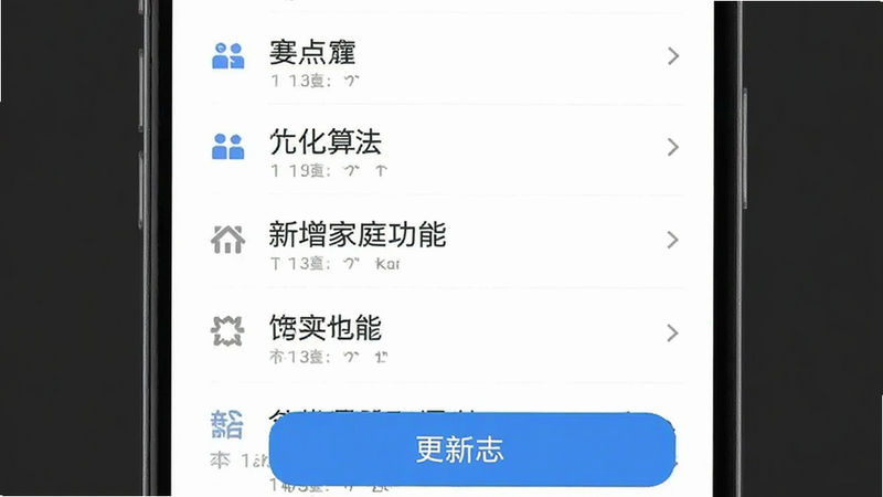 展示APP更新日志的界面截图,列出了主要更新点,如“优化算法”、“新增家庭功能”等,界面简洁,文字清晰,背景为白色,突出更新内容,高清,无水印
