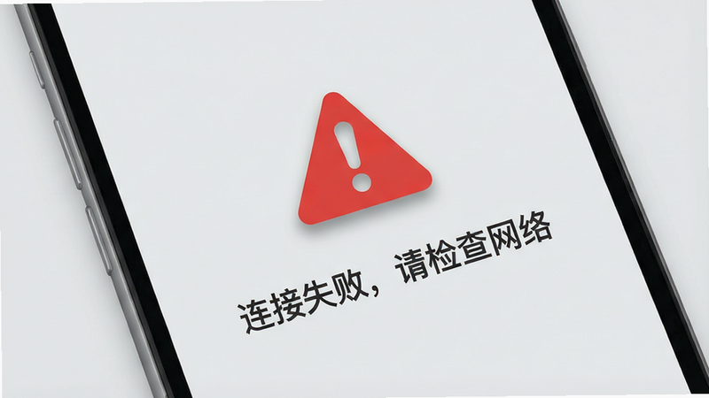 主体是一个手机屏幕显示错误提示界面,背景为浅灰色,中央有一个红色的警告图标,下方文字显示“连接失败,请检查网络”,布局居中,排版简洁清晰,风格扁平化UI设计,细节展示图标阴影,画质高清,干净,无多余元素