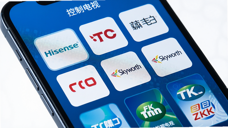 主体是一个手机屏幕特写,屏幕上显示“控制电视”APP的品牌选择界面,列出了多个知名电视品牌的Logo图标,如Hisense, TCL, Skyworth等,布局为网格状排列,排版整齐有序,风格科技感蓝色调,细节展示图标清晰度,画质4k,干净,无多余元素