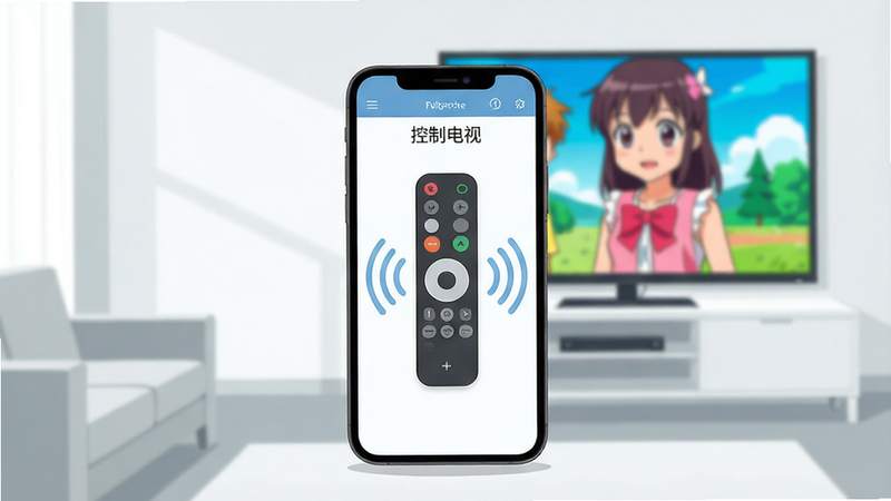 主体为一个现代简约风格的客厅场景,中央放置一部智能手机,手机屏幕显示着“控制电视”APP的界面,界面中央有一个醒目的虚拟遥控器按钮,周围环绕着信号波纹,象征连接电视,背景是一台开启的平板电视,显示着色彩鲜艳的动漫画面,布局中心突出手机,排版简洁大方,风格扁平化设计,细节清晰,画质高清,干净,无多余元素