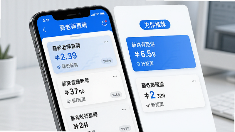 手机屏幕显示“薪老师直聘”推荐列表页面,左侧为职位列表,右侧有“为你推荐”标签,每个职位卡片突出显示薪资和距离,界面布局整齐,配色以蓝白为主,体现科技感与信任感,细节清晰,无水印