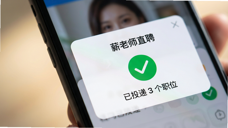 特写手机屏幕,显示“薪老师直聘”投递简历成功提示弹窗,绿色对勾图标醒目,下方显示“已投递 3 个职位”统计信息,背景虚化,突出操作反馈的即时性与便捷性,高清微距拍摄,光影柔和