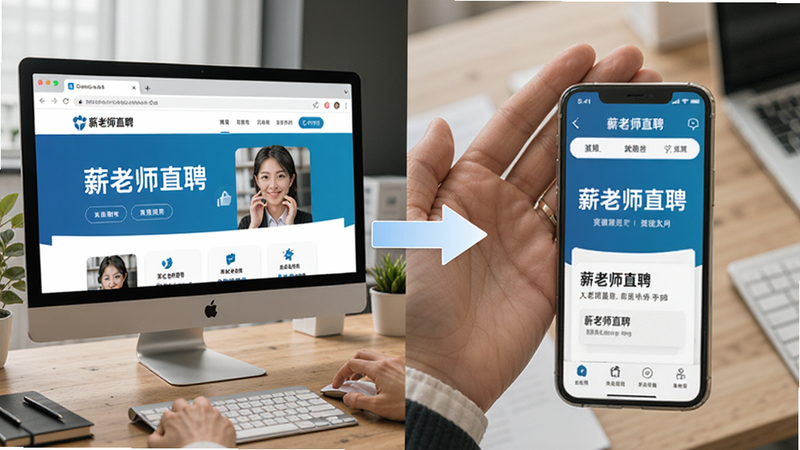 分屏对比图,左侧为电脑浏览器打开“薪老师直聘”官网,右侧为手机显示“薪老师直聘”APP,两者界面风格统一,色调一致,中间用箭头连接表示数据同步,背景为办公桌面与手掌特写,构图平衡,细节丰富,高清写实