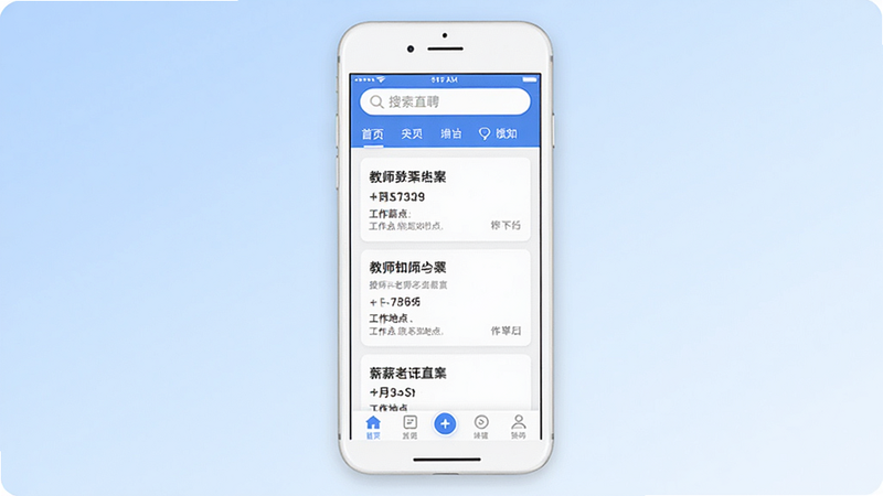 一部白色智能手机屏幕展示“薪老师直聘”APP首页,界面简洁现代,顶部显示搜索框和导航栏,中间区域罗列多个教师岗位卡片,包含职位名称、薪资范围、工作地点,底部为功能导航栏,背景为淡蓝色渐变,风格清新专业,高清摄影,干净无杂物