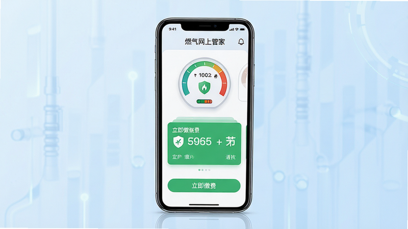 一张展示“燃气网上管家”App整体界面概念的高清渲染图,主体为居中放置的智能手机屏幕,屏幕显示简洁的燃气仪表盘、绿色账单卡片及“立即缴费”按钮,背景为淡蓝色科技渐变,布局整洁,排版清晰,风格现代简约,细节处体现安全盾牌图标,画质超清,干净,无多余元素