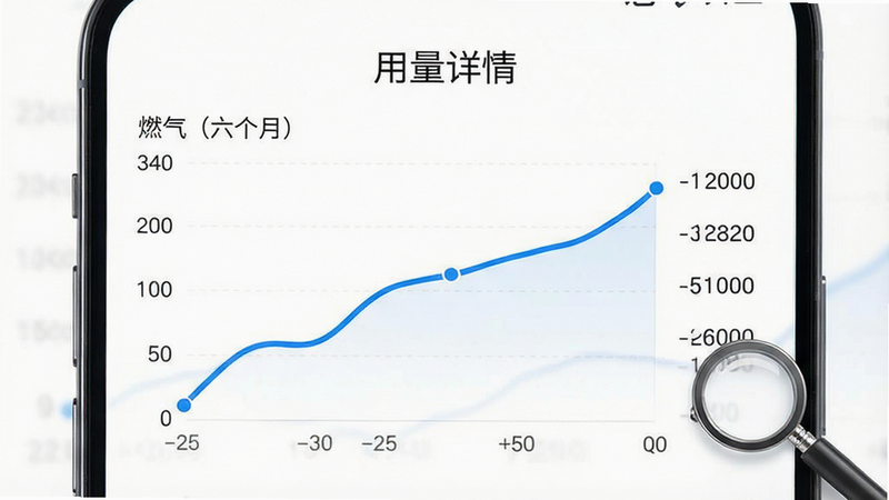 手机屏幕显示燃气用量折线图,蓝色线条清晰展示近六个月用量趋势,右侧标注具体数值,顶部为“用量详情”标题,背景为纯白极简风,主体为数据图表,布局左右平衡,排版专业严谨,风格科技商务,细节包含放大镜图标,画质锐利,干净,无多余元素