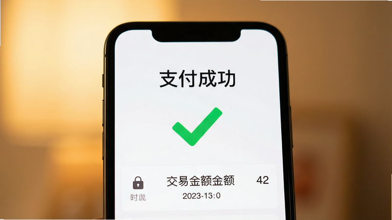 手机屏幕特写,显示支付成功界面,绿色对勾醒目,上方显示“支付成功”字样,下方列出交易金额与时间,背景虚化为柔和的暖色调,主体突出,布局中心对称,排版简洁,风格温馨可信,细节包含安全锁图标,画质高清,干净,无多余元素