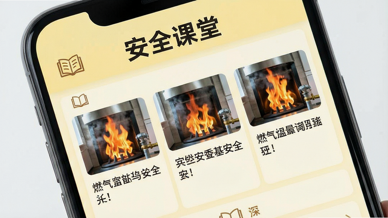 手机屏幕显示新闻资讯列表,顶部为“安全课堂”标题,下方列出三篇关于燃气安全使用的文章缩略图与标题,背景为淡黄色,主体为信息流界面,布局网格状,排版整齐划一,风格亲切教育,细节包含书本图标,画质明亮,干净,无多余元素
