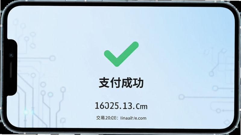 主体为支付成功页面,屏幕中央显示绿色对勾图标,下方文字“支付成功”,背景为浅蓝色渐变,布局简洁,风格现代科技感,细节包含金额数字与交易时间,画质清晰,干净,无多余元素