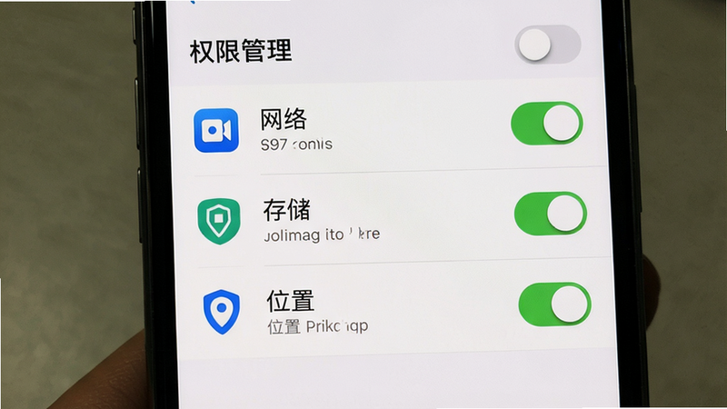 主体为手机设置界面,显示“权限管理”选项,列表中包含网络、存储、位置图标,布局纵向排列,风格系统原生界面,细节包含开关状态,画质清晰,干净,无多余元素