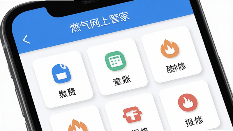 主体为手机屏幕特写,显示“燃气网上管家”App界面,布局清晰,顶部为蓝色导航栏,中间为核心功能网格图标,包括缴费、查账、报修,排版整齐,风格为扁平化UI设计,细节处有柔和阴影,画质高清,干净,无多余元素