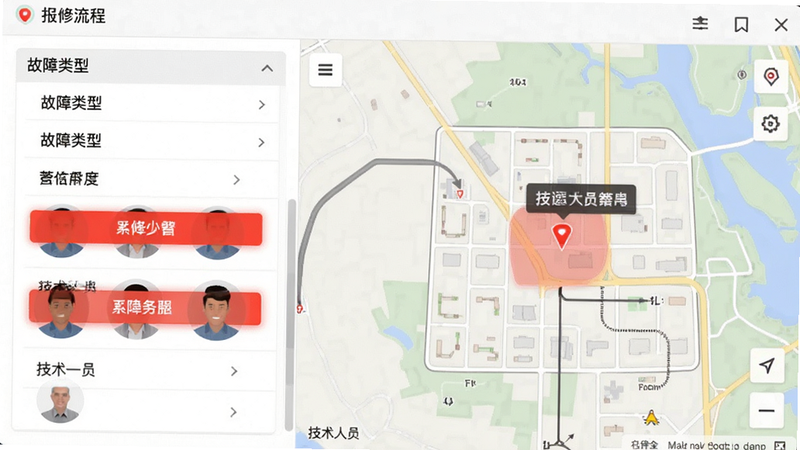 主体为报修流程界面,左侧为故障类型列表,右侧为地图定位显示,布局左右分栏,风格实用主义,细节包含红色紧急按钮与技术人员头像,画质细腻,干净,无多余元素