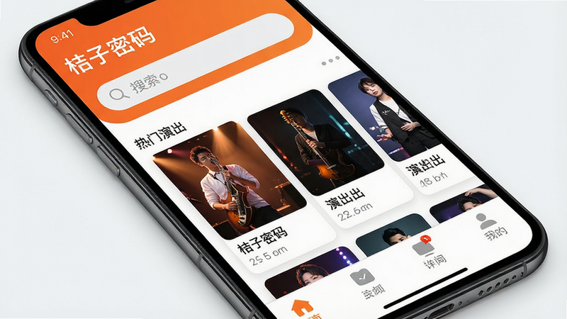 一张高清手机应用界面展示图,主体为“桔子密码”APP的主屏幕,布局整洁,顶部有搜索栏,中间显示热门演出列表卡片,底部为导航栏,风格现代简约,色彩以橙色和白色为主,细节清晰,画质4K,干净无多余元素