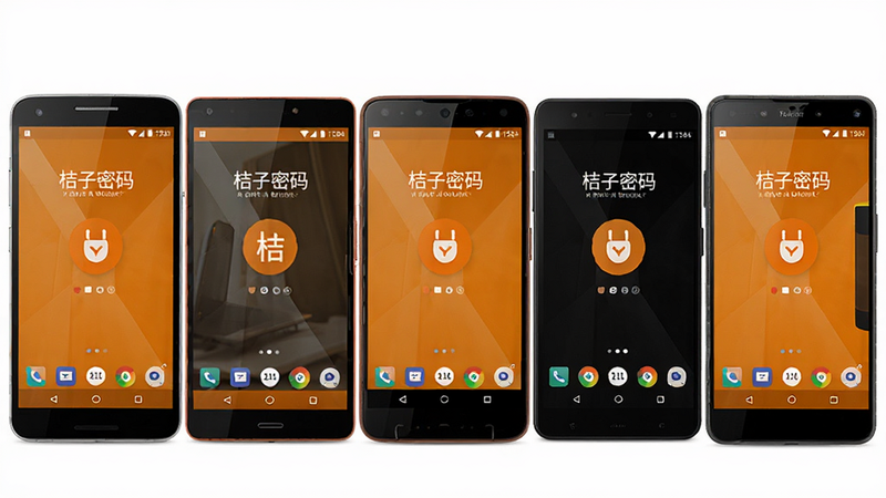多部不同品牌安卓手机并排展示,屏幕均运行“桔子密码”APP,布局整齐,风格写实,细节显示手机边框和屏幕内容,画质逼真,干净无多余元素