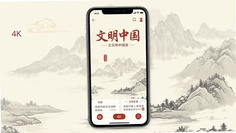 生成一张高清手机应用界面展示图,主体为“文明中国”APP首页,布局采用中国风UI设计,主色调为淡雅的米白与朱红,排版整洁,包含“文明中国”四个大字Logo,背景有淡淡的水墨山水纹理,风格为现代扁平化结合传统美学,细节清晰,画质4K,干净无多余元素