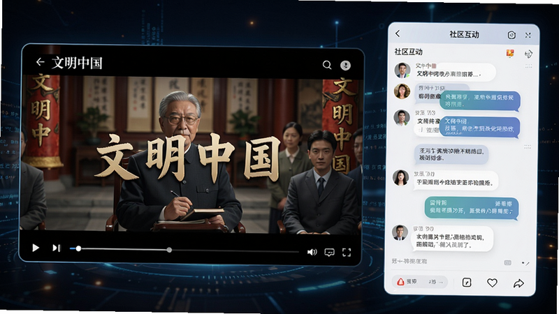 生成一张展示应用内部功能的合成图,左侧为高清视频播放界面,显示“文明中国”纪录片画面,右侧为社区互动界面,显示用户评论气泡,整体风格科技感与文化感并存,细节丰富,排版均衡,画质高清,无杂乱背景