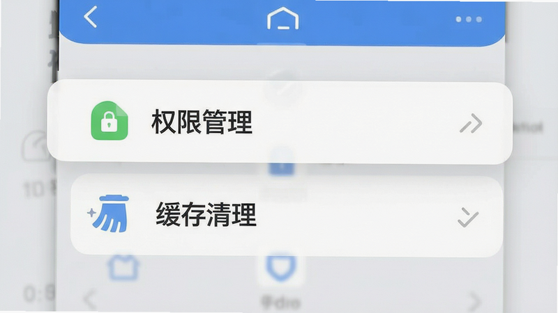 生成一张手机端设置界面的示意图,突出显示“权限管理”和“缓存清理”两个选项,界面风格简洁现代,图标清晰,文字标注明确,背景为浅灰色,细节精致,画质高清,无干扰元素