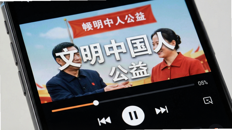 生成一张手机视频播放界面的特写图,屏幕上显示“文明中国人”公益广告画面,下方有播放进度条和控制按钮,界面简洁大方,色彩和谐,细节清晰,画质4K,无多余装饰