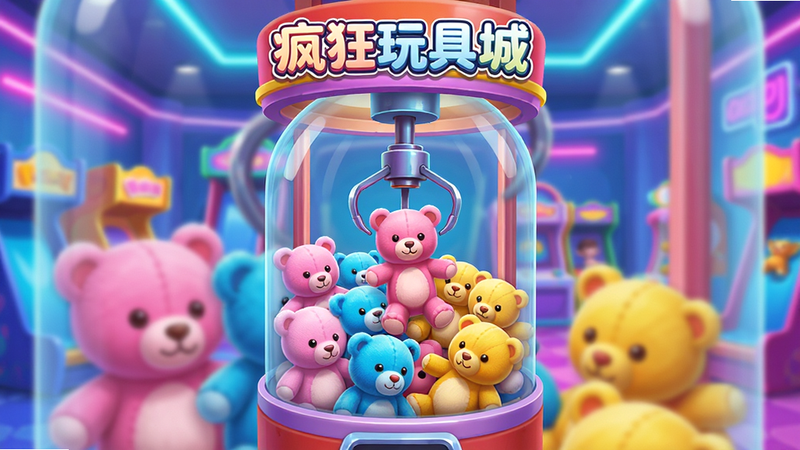 主体为一款名为“疯狂玩具城”的手机游戏界面预览图,布局采用竖屏全屏展示,中心是一个透明玻璃罩的抓娃娃机,里面堆满了粉色、蓝色、黄色的毛绒玩具,机械爪正在抓取一只粉色小熊,背景是明亮的游乐场室内环境,带有霓虹灯装饰,风格为高饱和度卡通渲染,细节丰富,玩具质感柔软逼真,画质清晰,干净,无多余元素,文字“疯狂玩具城”位于顶部中央,字体圆润可爱