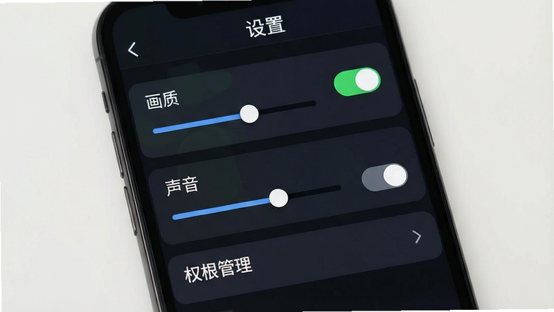展示手机游戏设置界面,包含画质选择、声音调节、权限管理选项,界面简洁清晰,风格为现代UI设计,细节展示滑块与开关状态,画质清晰,干净,无多余元素,文字“设置”位于顶部