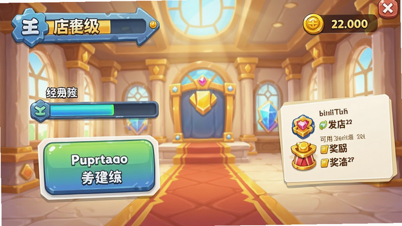 展示游戏内升级界面,显示店铺等级、经验条、可用金币数量,背景为升级后的华丽大厅,风格为明亮卡通,细节展示升级按钮与奖励提示,画质清晰,干净,无多余元素