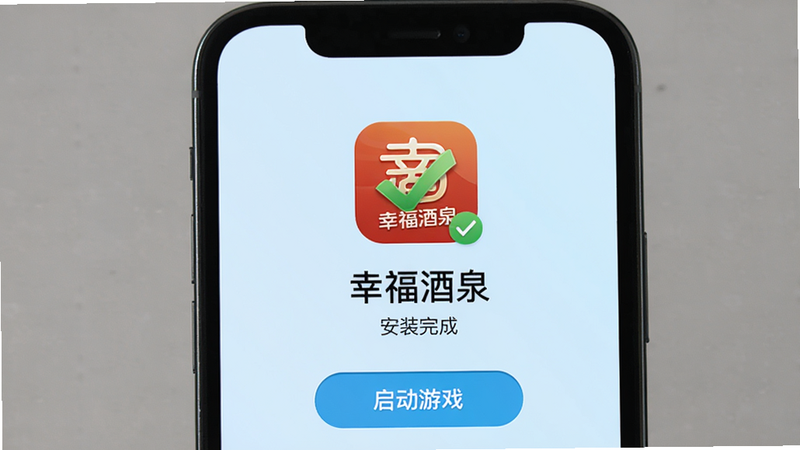 主体为手机屏幕显示“幸福酒泉”安装完成界面,布局为简洁居中,上方为应用图标,下方为“启动游戏”按钮,背景为淡蓝色渐变,风格为极简主义,细节处包含对勾图标表示安装成功,画质清晰,干净无杂物,文字包含“安装成功”