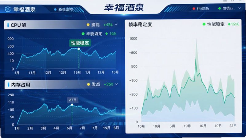 主体为“幸福酒泉”应用的性能监控面板,布局为左右分栏,左侧显示CPU与内存占用实时曲线,右侧为帧率稳定度图表,风格为科技感仪表盘,细节处包含数据标签与状态指示灯,配色以蓝白为主,画质清晰锐利,干净无冗余元素,文字包含“性能稳定”