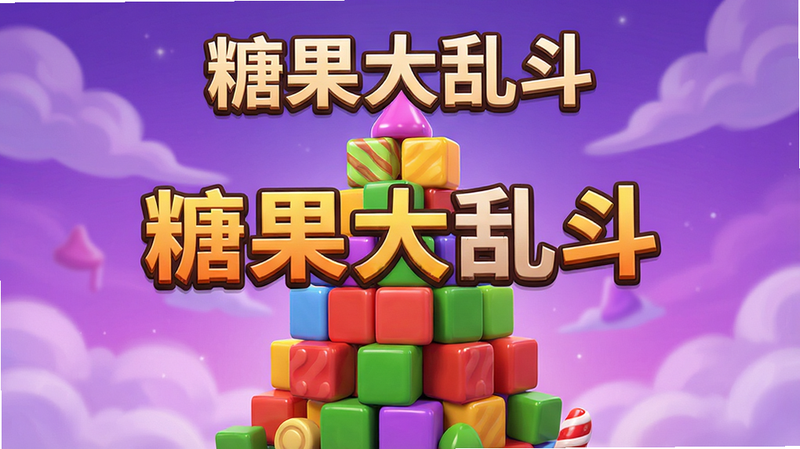 一张高清游戏宣传图,主体为色彩鲜艳的3D糖果方块堆叠成塔状,背景是梦幻的紫色渐变天空,布局居中,排版简洁,风格为卡通渲染,细节丰富,包含“糖果大乱斗”字样,画质清晰,干净,无多余元素