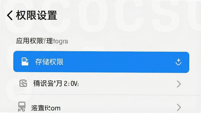 手机设置界面示意图,显示应用权限管理页面,高亮显示存储权限选项,布局清晰,排版规范,风格为系统原生UI,细节准确,包含“权限设置”字样,画质清晰,干净,无多余元素