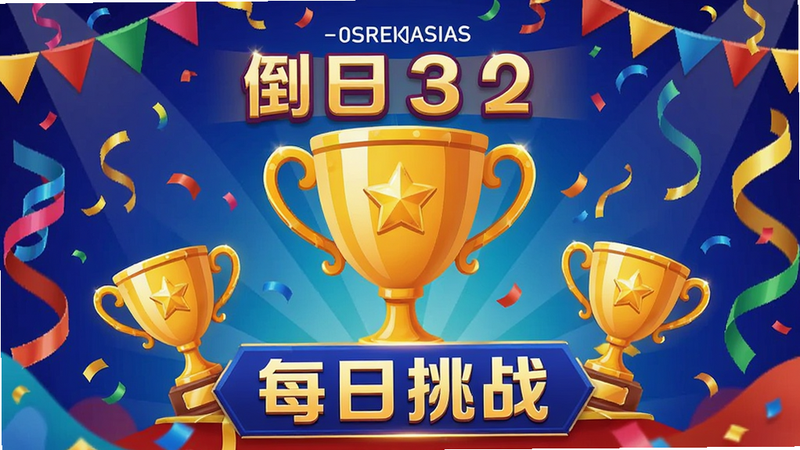 游戏活动海报,展示倒计时和奖杯图标,背景是庆祝彩带,布局突出中心奖杯,排版大气,风格为节日庆典风,细节丰富,包含“每日挑战”字样,画质高,干净,无多余元素
