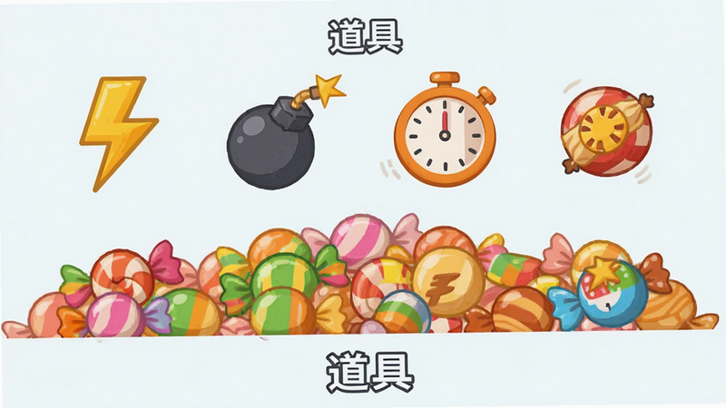 游戏道具展示图,展示闪电、炸弹、时钟等图标,悬浮在糖果堆上方,布局分散均匀,排版整齐,风格为扁平化设计,细节精致,包含“道具”字样,画质清晰,干净,无多余元素