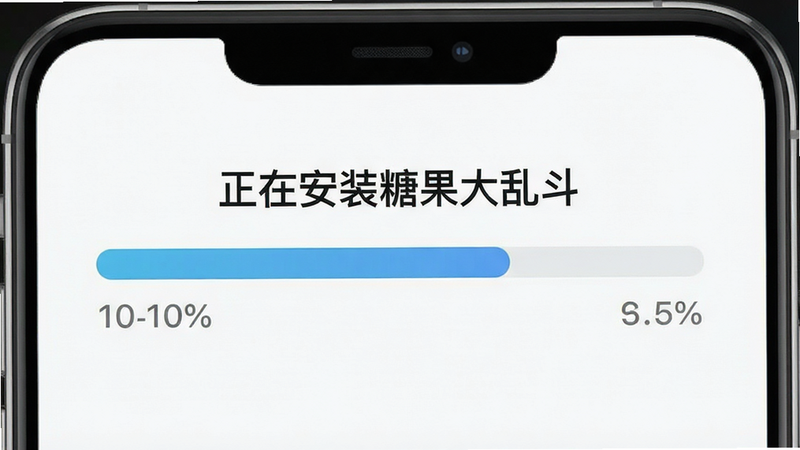 手机安装进度条界面,显示“正在安装糖果大乱斗”,布局居中,排版简洁,风格为现代简约,细节展示进度百分比,画质高,干净,无多余元素