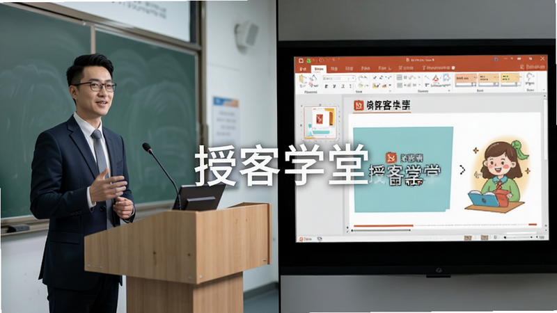 分屏展示效果,左侧为老师讲台画面,右侧为共享的PPT课件内容,中间有“授客学堂”水印,画面清晰,色彩还原度高,体现高清视频质感,现代简约风格