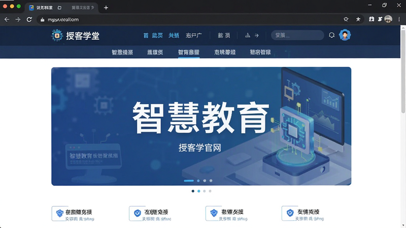 电脑浏览器界面展示授客学堂官网首页,顶部导航栏清晰,中间为大型Banner图,显示“智慧教育”字样,底部有友情链接,整体设计风格现代、专业,高清屏幕截图